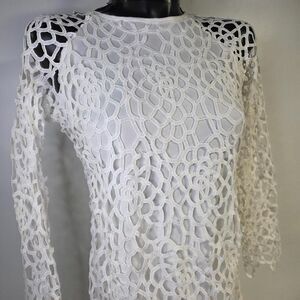 Solitaire white crochet lace 3/4 sleeve dress floral geometric patterns S